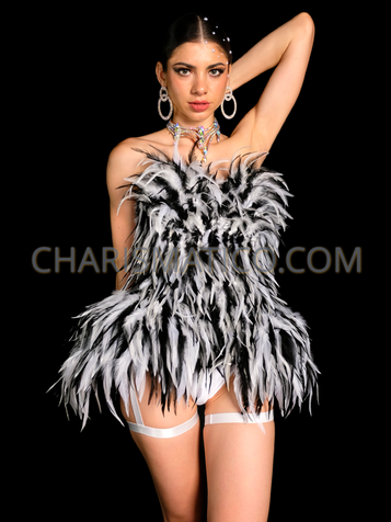 Black White Feather Swan Corset with Exaggerated Hip