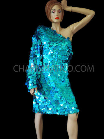 Asymmetrical, Iridescent Aqua Blue, Jumbo Sequin Diva Drag Queen Mini-Dress