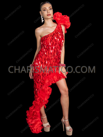 Asymmetrical Red Teardrop Sequined Ruffle Trim Latin Diva Dance Dress