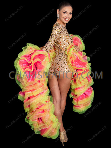 Neon Pink Ruffle Showgirl Boa with Green Net Trim