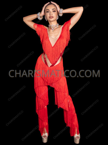 Red V Neckline Drag Queen Fringe Dance Jumpsuit