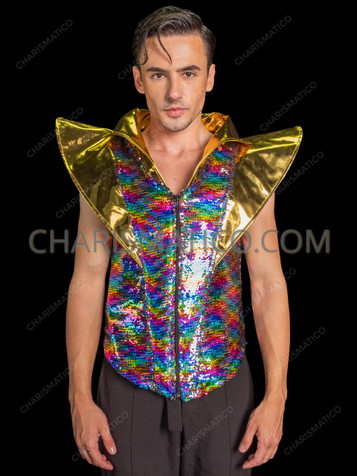 Bold Pride Sequin Men's Vest with Gold Winged Collar