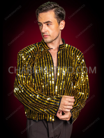 Gold & Black Striped Shiny 70s Disco Men's Showstopper Jacket