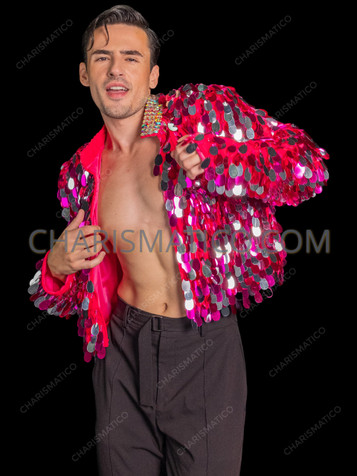 Fuchsia Oval Sequin Disco Rave Festival Men Jacket