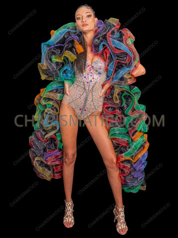 Black Ruffle Showgirl Boa with Rainbow Net Trim