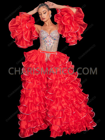 Red Organza Ruffle Flamenco Skirt with Dramatic Ruffle Sleeves