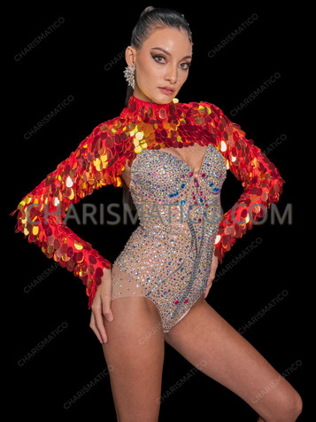 Red Sequin Long Sleeve Dance Crop Top Shawl