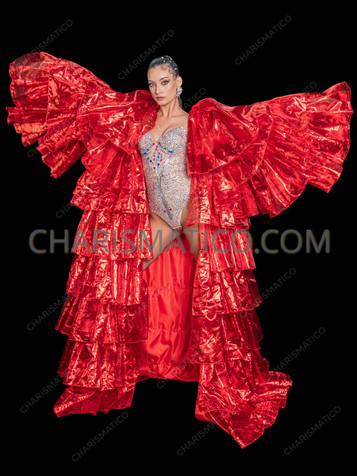 Glossy Red Ruffled Drag Queen Organza Showgirl Coat