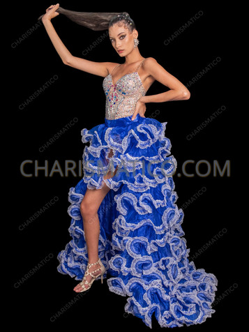 Royal Blue Ruffle Organza Showgirl Skirt with Lace Accent