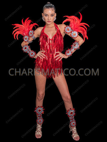  Fiery Red Metallic Sequin Samba Carnival Costume Set