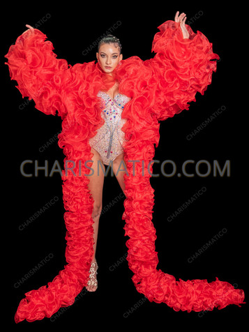 Dramatic Red Ruffled Organza Jacket with Cascading Ruffle Boa 