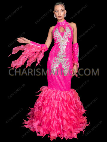 Neon Pink Fantasy Drag Queen Mermaid Gown with Tassel Sleeves