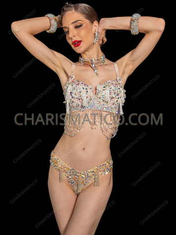 Crystal Champagne Showgirl Bra and Beaded Panties Set