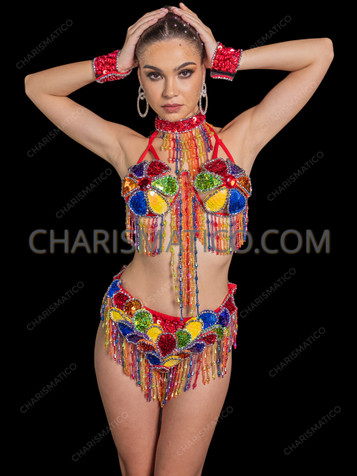 Rainbow Carnival Flower Sequin Bra and Beaded Fringe Thong Set