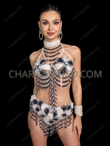 Black and White Pearl Flower Bra and Beaded Fringe Thong Samba Set