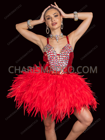 Red Sequin Crystal-Bust Feather Flare Cabaret Dance Dress