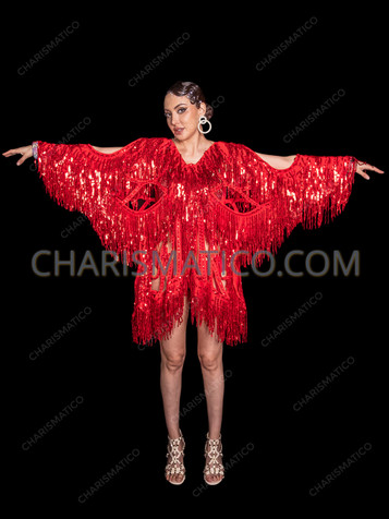  Red Heavily Fringed Butterfly Drag Queen Diva Top