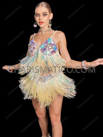 Latin Rhythm Iridescent Sequin Fringe Bra Top and Skirt 