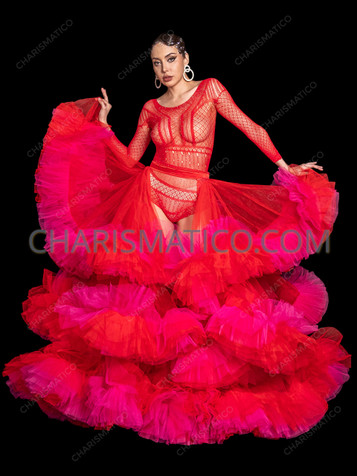Red Fuchsia Voluminous Tiered Ruffled Tulle Drag Skirt