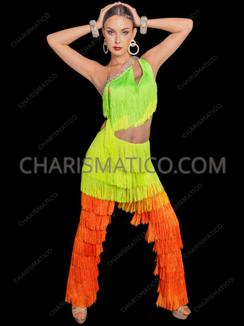 Neon Lime and Orange Asymmetric Fringe Latin Dance Jumpsuit Pants