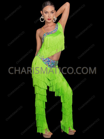 Asymmetric Neon Green Fringe Latin Dance Jumpsuit