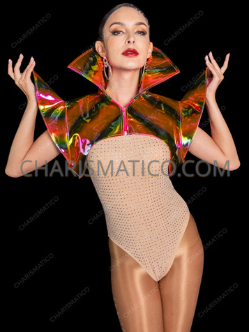 Holographic Rainbow High Collar Vinyl Shoulder Shrug Bolero