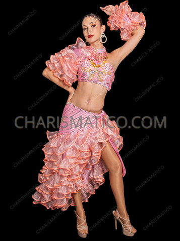 Carmen Miranda-Inspired Pink Ruffled Latin Dance Top and Skirt