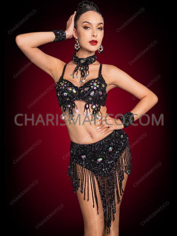 Black Iridescent Sequin Showgirl Bra and Beaded Fringe Skirt Set