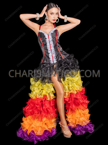 Black Satin Lace Corset with Rainbow Ruffled Organza Skirt Set