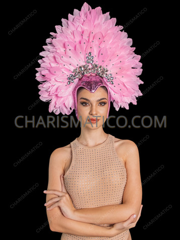 Blush Pink Crystal Fan-Shaped Feather Showgirl Headdress