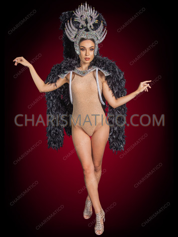 Celestial Raven Crystal Headdress & Feather Boa Fantasy Showgirl Backpack Set