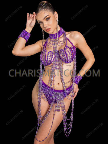 Purple Mermaid Shell Cage Bra & Beaded Showgirl Dance G-String Set