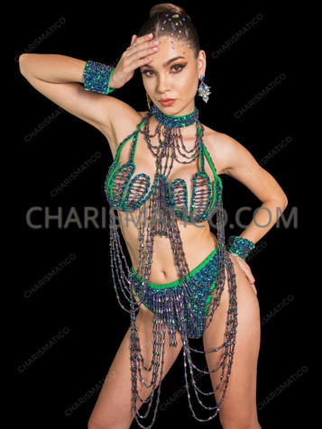 Emerald Mermaid Shell Cage Bra & Showgirl Dance G-String Set