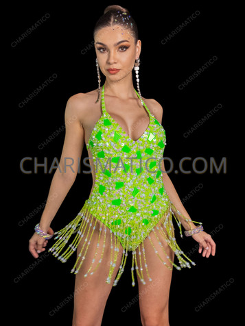 Neon Green Mirror Sequin Fringe Rave Party Bodysuit 