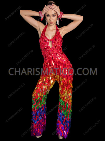 LGBT Pride Rainbow Sequin Halter Drag Queen Jumpsuit