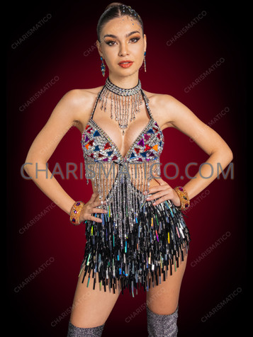 Sexy Crystal Mirror Rectangular Sequin Fringe Festival Dress