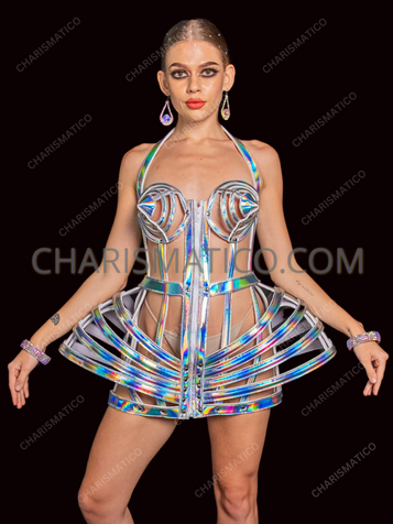 Madonna-Inspired Futuristic Holographic Cage Dress with Spiral Cone Bra