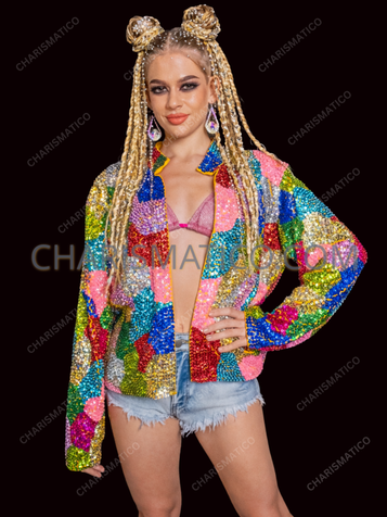 Colorful Patchwork Sequin EDM Raves Jacket 