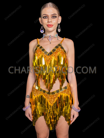 Dazzling Gold Teardrop Sequin Dance Two-Piece Dress