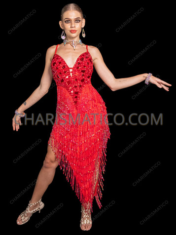 Red Beaded Fringe V-Hemline Latin Dance Dress