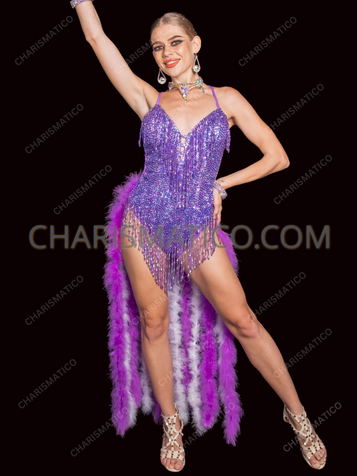 Lavender Sequin Showgirl Dance Bodysuit with Feather boa tail Lavender Sequin Showgirl Dance Bodysuit with Feather boa tail