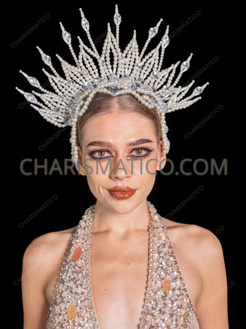 Pearl Bead Drag Queen Showgirl Spiky Crown Headdress