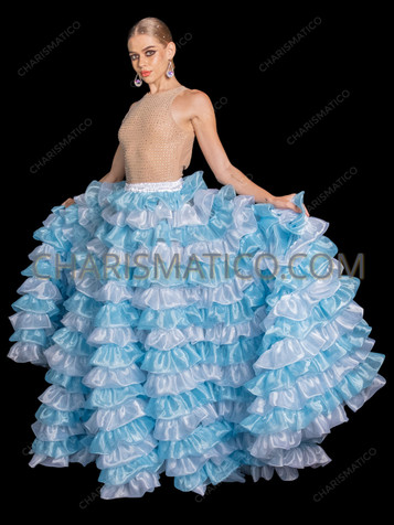Voluminous Sky Blue & White Organza Ruffle Full Circle Skirt
