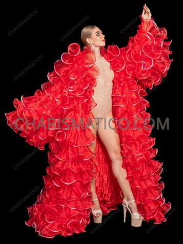 Red Drag Queen Extravaganza Oversized Ruffle Organza Coat with Sequin Trim Red Drag Queen Extravaganza Oversized Ruffle Organza Coat with Sequin Trim