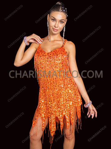 Fiery Orange Beaded Fringe Latin Salsa Dance Dress