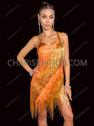 Golden Orange Sunset Beaded Fringe Latin Dance Dress