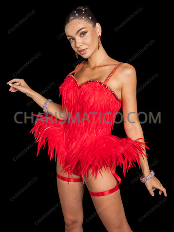 Flaming Red Feather Flared hip Cabaret Burlesque Corset