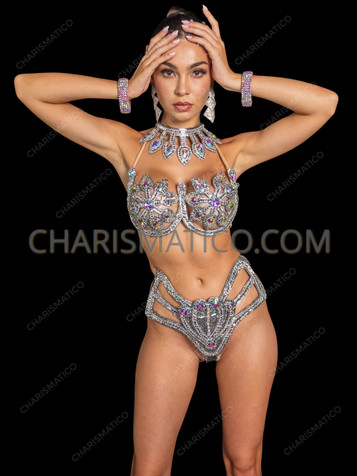 Silver Caribbean Carnival Wire Bra & Crystal Cutout Bottom Showgirl Set