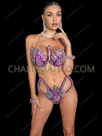 Purple Samba Carnival Wire Bra & Crystal Cutout Bottom Showgirl Set