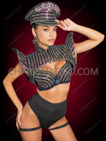 Rave Police Holographic Showgirl Set with Winged Bolero, Crystal Bra & Captain Hat